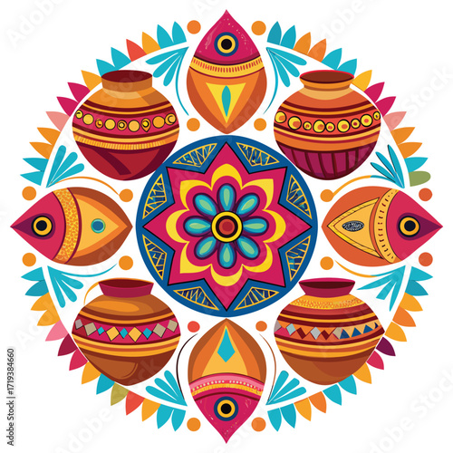 Colorful Mandala Design Featuring Traditional Pots and Patterns colorful mandala