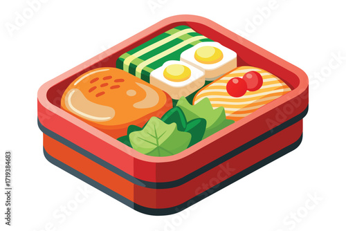 Lunchbox illustration showing colorful foods like chicken, eggs, spinach, and sweets inside red box