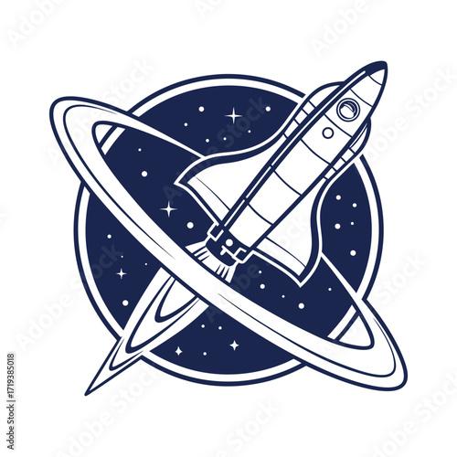 Space shuttle orbits ringed planet against starry night sky