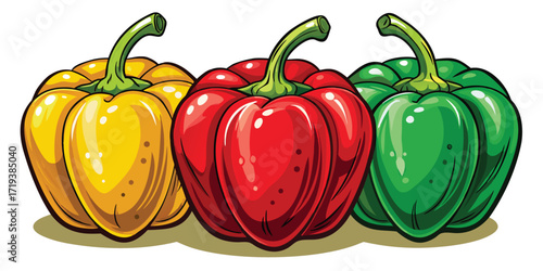 Three cartoon bell peppers line up showing yellow, red, and green colors vividly