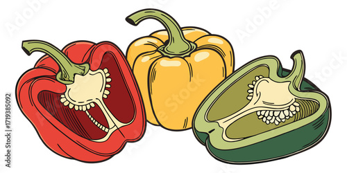 Whole yellow and halved red and green bell peppers are shown side by side