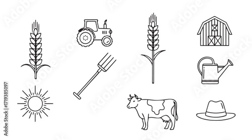Collection of farm icons including tractor wheat cow and pitchfork silhouette