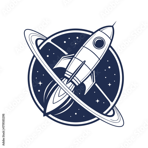 Retro rocketship orbiting a ringed planet in space