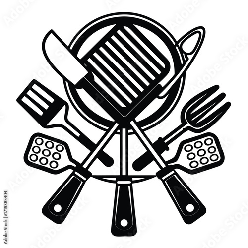 Stylized monochrome kitchen utensils compose a balanced arrangement with a plate against white