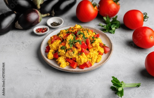 Vibrant tofu scramble vegan breakfast on a minimalist ceramic plate with fresh vegetables against a neutral backdrop