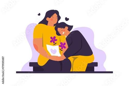 child hugs mother and gives her flowers