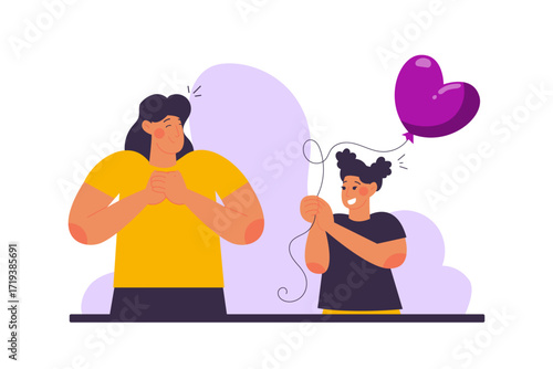 a girl gives a heart-shaped balloon to her mother