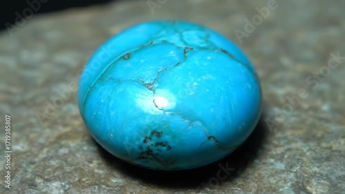 Close Up of a Beautiful Blue Turquoise Gemstone Cabochon on a Rough Stone Surface During Daylight Hours
