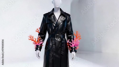 A mannequin in a black leather trench coat has vibrant corals growing from its sleeves. A surreal, abstract concept for high fashion, art, and nature.