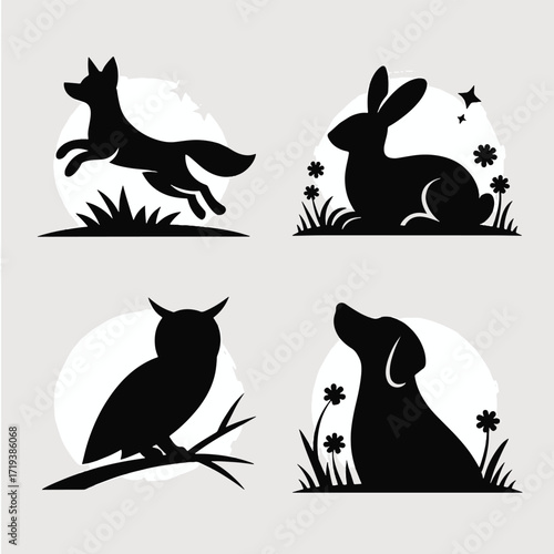 Four Silhouette Animals Fox Rabbit Owl Dog With Circles And Flowers Keywords: fox, rabbit, owl, dog, silhouette, animal, wildlife, nature