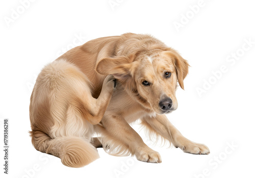 A golden retriever dog scratches its ear and seems uncomfortable.
