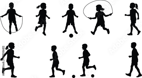 Silhouette vector of active children playing sports, skipping rope, running, exercising, outdoor fitness, teamwork, fun activity, health, lifestyle, energy.