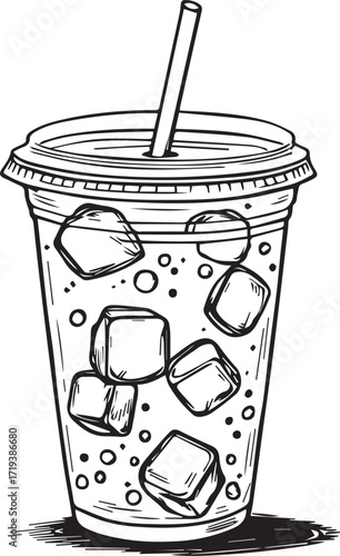 Refreshing Cool Drink: A detailed illustration of a refreshing drink in a transparent plastic cup, filled with ice cubes and a straw, symbolizing refreshment and quench your thirst.