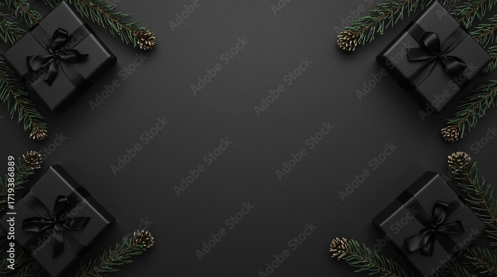 Fototapeta premium Black Friday Sale Background - Black gift box with black ribbon arranged on black background. Black Friday discount concept.