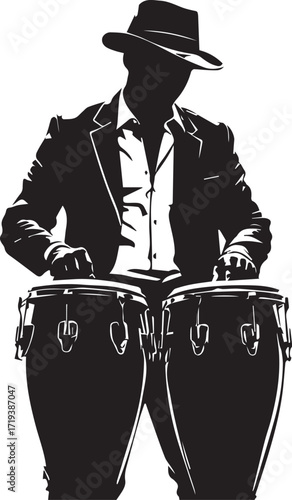 Silhouette of Conga Player: A monochromatic silhouette of a skilled musician passionately plays the conga drums, embodying rhythm and musical expression.