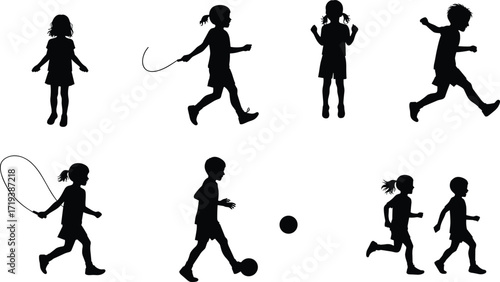 Silhouette vector of children playing outdoors, skipping rope, running, walking, jumping, soccer ball activities, active lifestyle, exercise, health, fitness, fun.