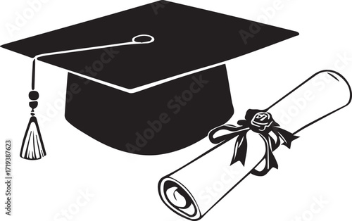 Graduation Silhouette: Capturing the essence of academia and achievement, the image showcases a classic mortarboard and a rolled diploma with a ribbon, symbolizing success and higher education.