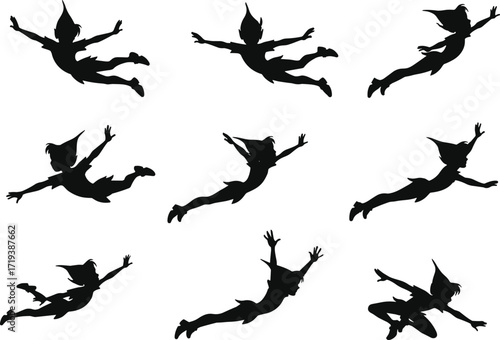 Flying character silhouettes set, fantasy figure, magical boy, pointed hat, flight poses, adventure illustration, fairy tale art, whimsical design