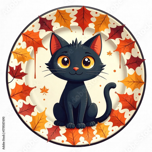 halloween cat with autumn leaves