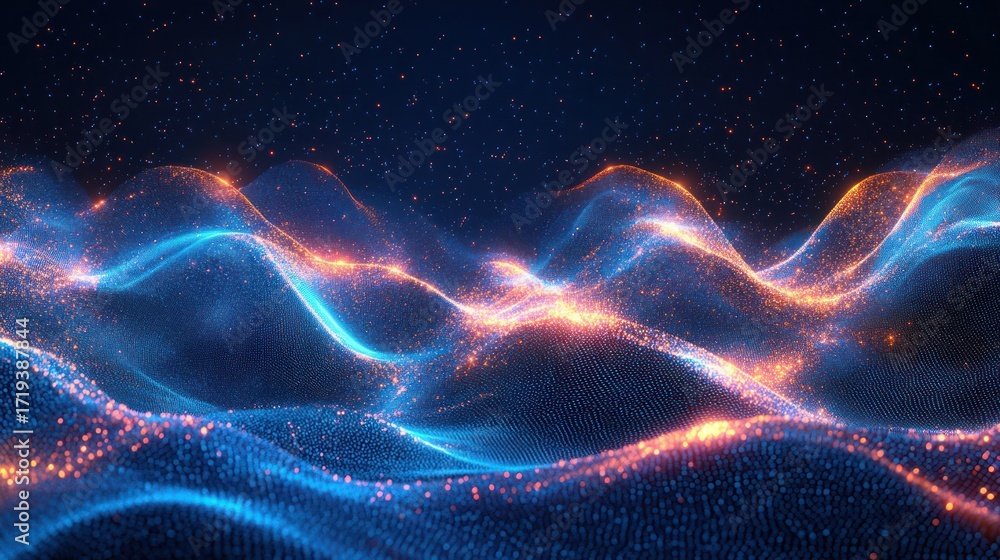 Fototapeta premium Abstract glowing particle waves, dynamic digital landscape