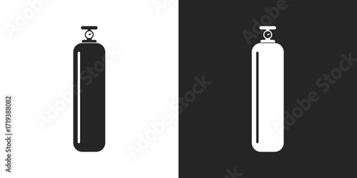 Oxygen cylinder, medical gas tank black and white icon vector illustration