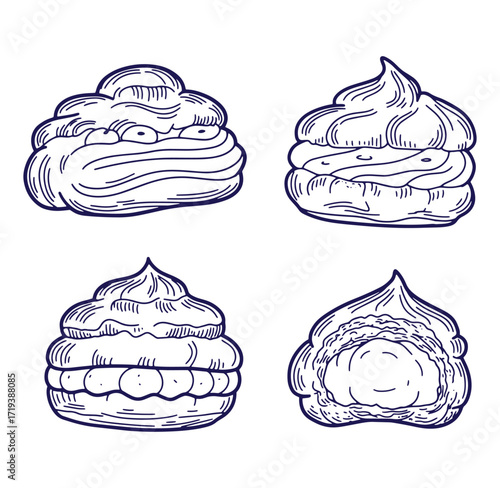 Hand drawn illustration of various cream puff pastry desserts in a simple line art style.