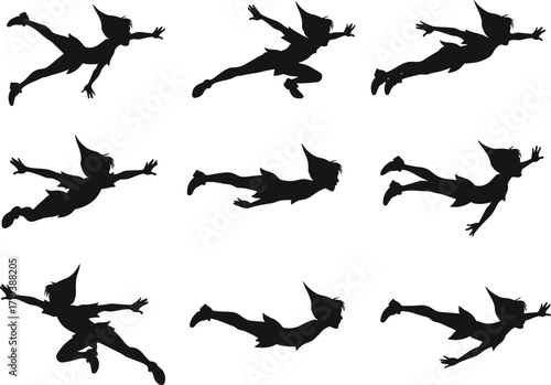 Flying character silhouettes set, fantasy figure, magical boy, pointed hat, flight poses, fairy tale hero, whimsical design, adventure illustration, fantasy art