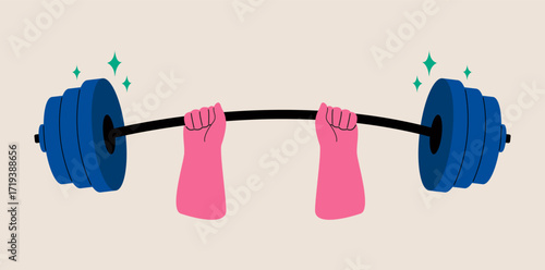 Hands lifted barbell weight. Colorful vector illustration
