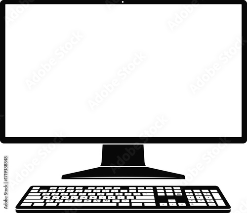 Black silhouette of desktop computer, monitor, keyboard, workstation icon, office setup, technology equipment, digital device, vector illustration, isolated graphic