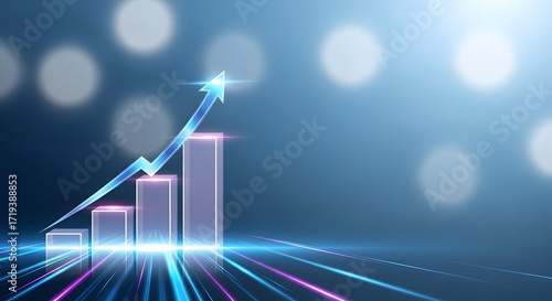 Glowing arrow pointing upward on business bar chart. Financial growth and success concept for investment analysis. Copy space background
