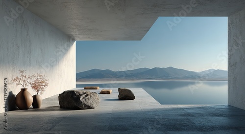 Fototapeta Naklejka Na Ścianę i Meble -  A sleek indoor space opening to a scenic lake and mountains. Ideal for architecture, travel, or luxury living visuals, like home design inspiration or getaway promotions.