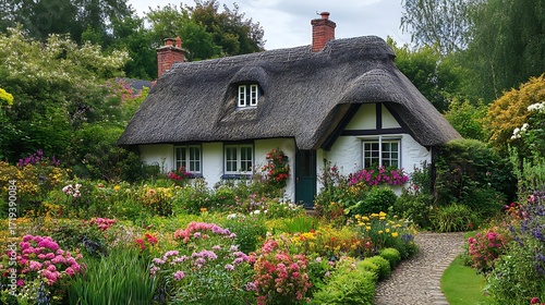 Charming thatched cottage surrounded by a vibrant blooming cottage garden