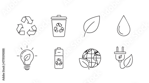 Collection of eco friendly symbols and icons in a simple silhouette style
