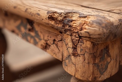Close-up of old wooden table with cracks and damage