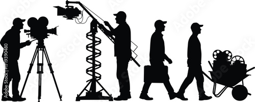 Film crew silhouette vector, vintage camera operator, crane technician, walking man, backpack traveler, wheelbarrow with reels, filmmaking equipment, production team illustration