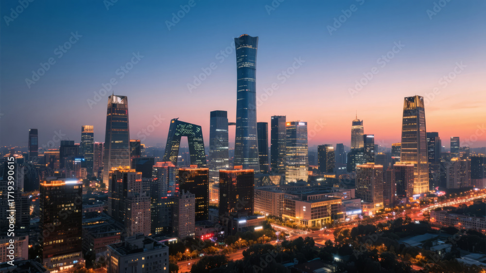 Fototapeta premium Bustling CBD City Nightscape in a Financial and Business District Background