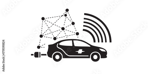 Black and white connected electric car icon with network signal lines, suitable for EV, mobility, and smart transportation themes.
