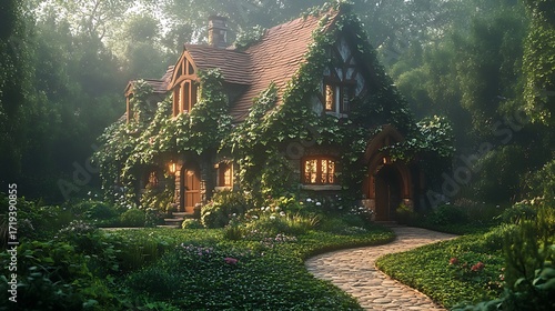 Enchanting fairytale cottage nestled in a lush sunlit forest