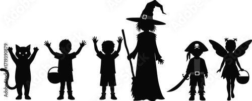 Halloween kids silhouettes, trick or treat costumes, witch, pirate, fairy, cat, pumpkin bucket, spooky vector art, festive children clipart, holiday design