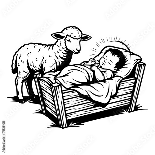 A Nativity scene with the baby Jesus sleeping in a wooden manger, a sheep standing nearby. A traditional biblical theme for Christian holidays and Christmas design.