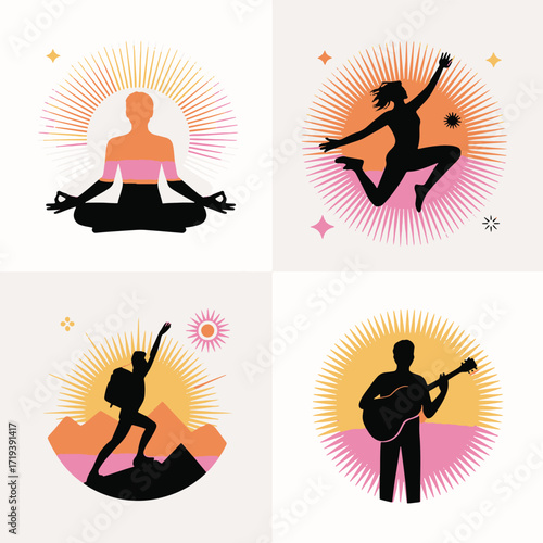 Four silhouette illustrations of people in active and meditative poses Keywords: yoga silhouette, jumping silhouette, hiking silhouette, guitar