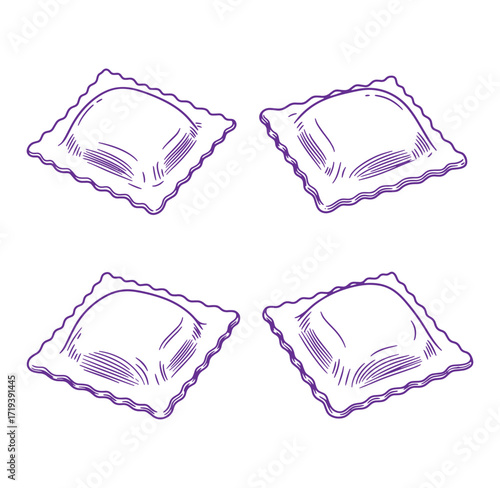 Illustrated ravioli pasta squares arranged in a creative pattern on a clean white background