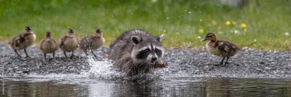 Fototapeta premium Raccoon and ducklings by water