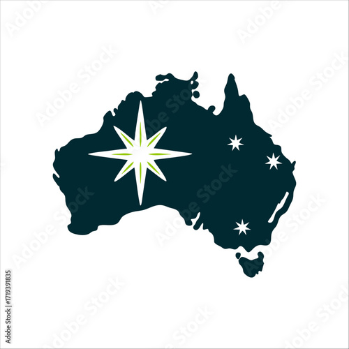 Australia Day Map with Starburst Icon Australia Day Solid outline of the Australian continent with a small starburst near the eastern coast