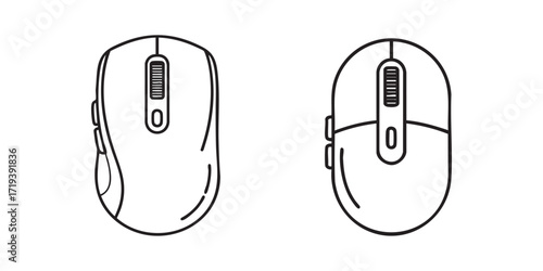 Minimal black and white computer mouse icon in line style, perfect for technology, hardware, and office accessory concepts.
