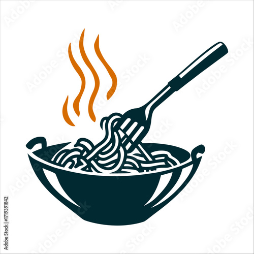 Noodle Wok Vector Illustration, Asian Cuisine Thip Samai Bangkok Noodle Festival Steaming bronze wok tossing stir fried noodles with a spatula