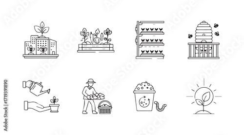 Collection of eight distinct agricultural and urban farming silhouette icons silhouette