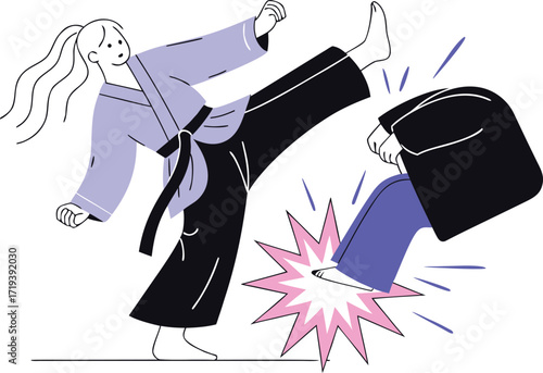 Woman in karate uniform performing a powerful kick