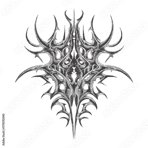 Abstract tribal tattoo vector illustration in stippling style with sharp symmetrical spikes, gothic ornamental design, dotwork texture, dark fantasy decorative symbol for art and print