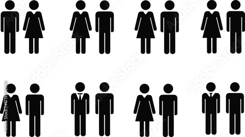Human icon pairs, male and female silhouettes, business and casual figures, vector people set, black pictogram design, social relationship concept illustration